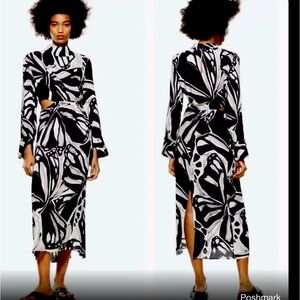 Zara Blue and Ivory Long Sleeved Midi Dress with Cut-out, SZ XS, NWT